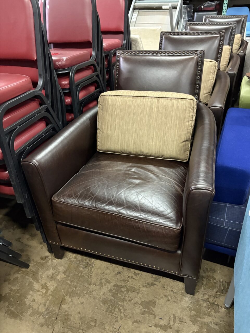 Used Crate & Barrel Leather Studded Club Chair with Pillow - Image 3