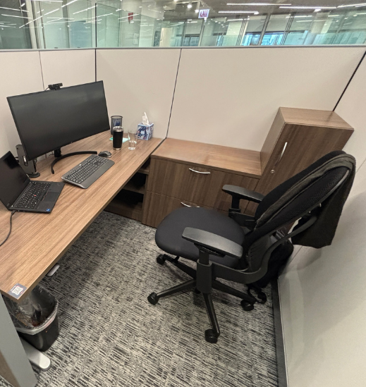 Used desk set available now at Office Furniture Resources, with Bookshelf. Height Adjustable Desk, Lateral File, and Tower Storage.