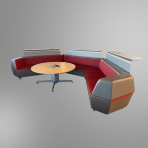 A used Steelcase media:scape modular lounge set with a table.