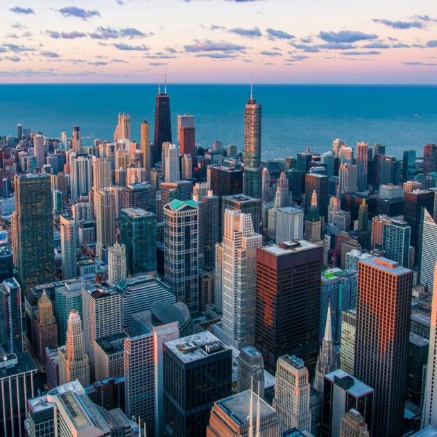 An aerial skyline view of Chicago.